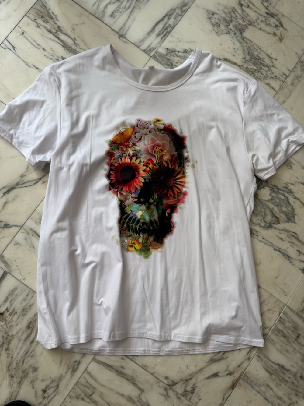 White Tee with Floral Skull Graphic